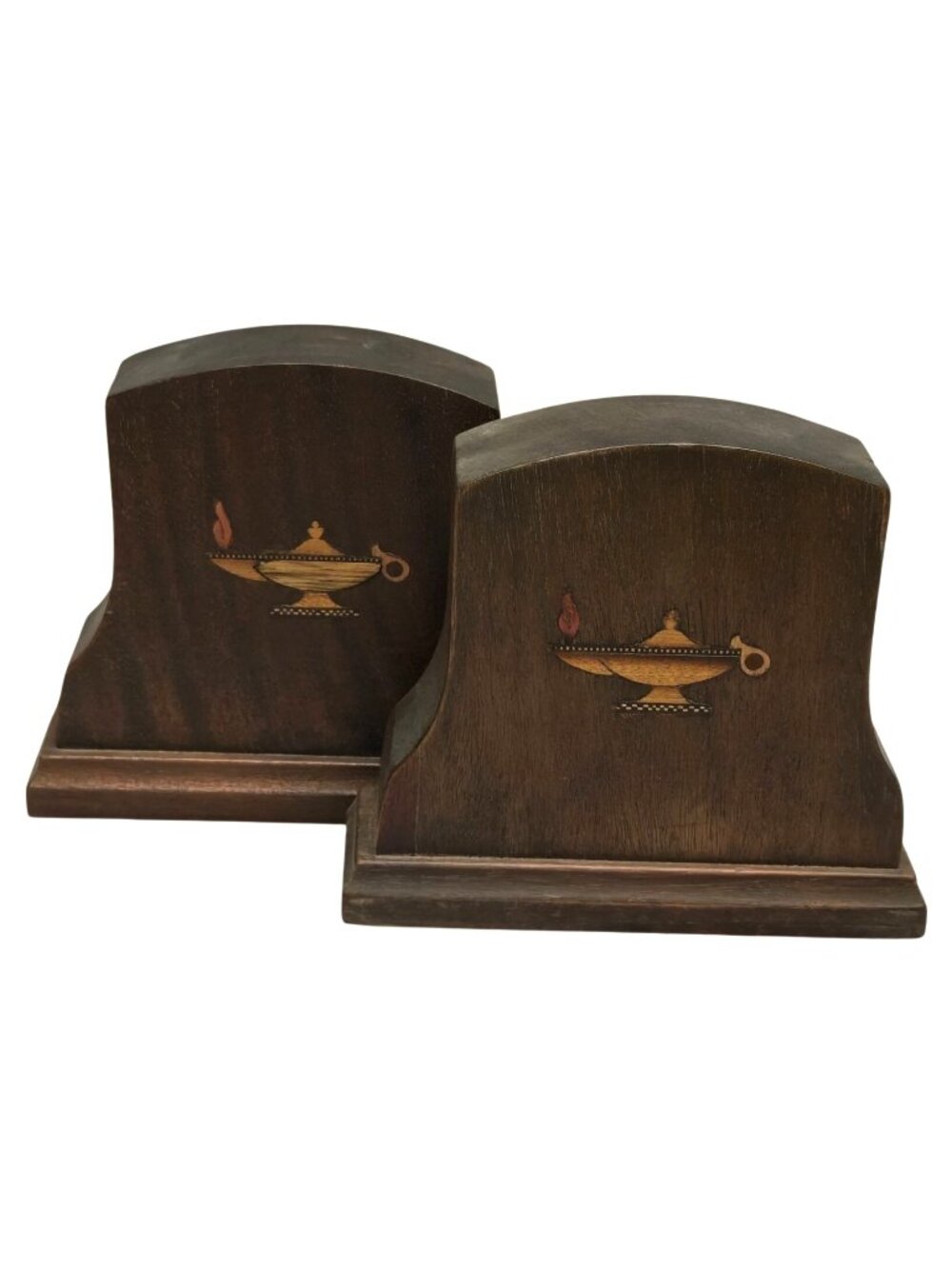 Vintage Walnut Wood Bookends Aladdin Genie Lamp Inlay Mid Century home decor set